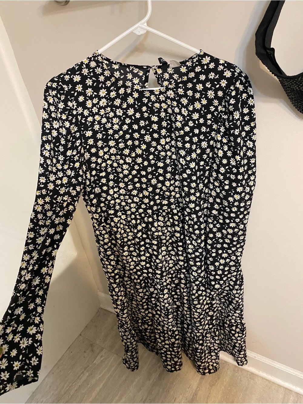 Divided Black Long Sleeve Midi Dress with White Daisy Print